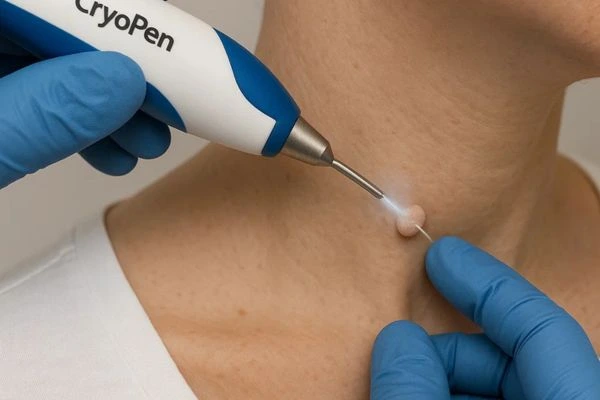 Person receiving cryotherapy Wantage for skin tag removal